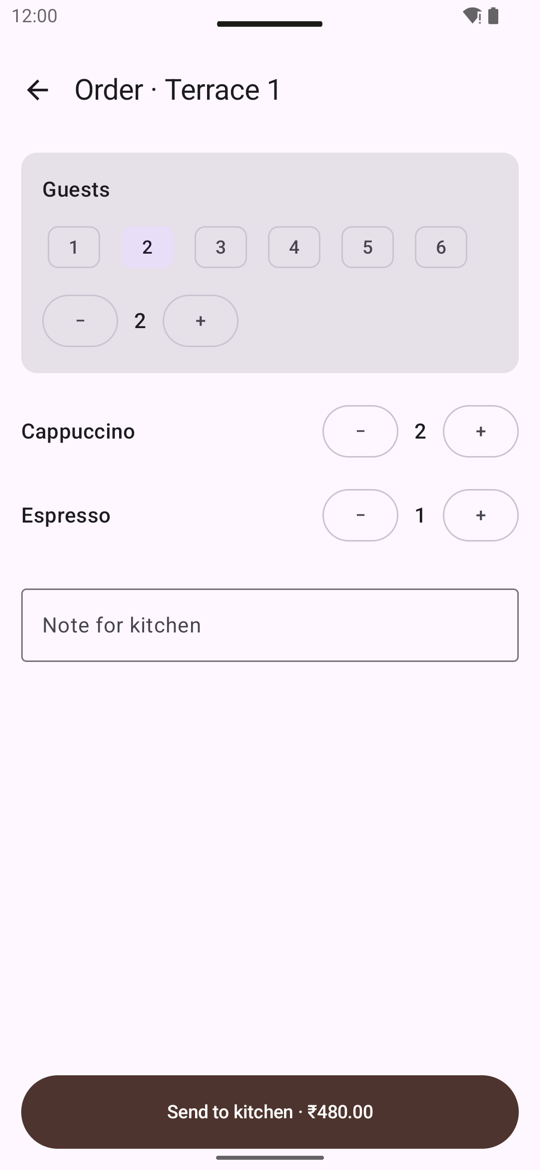 The Android order: guests, amounts, note and Send to kitchen