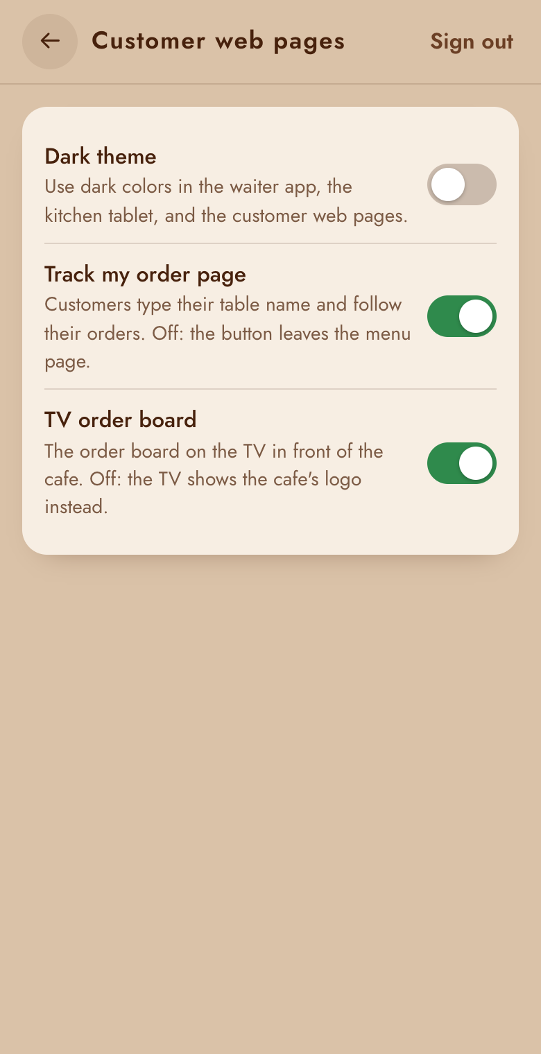 Customer web pages: dark theme, track my order page and TV order board