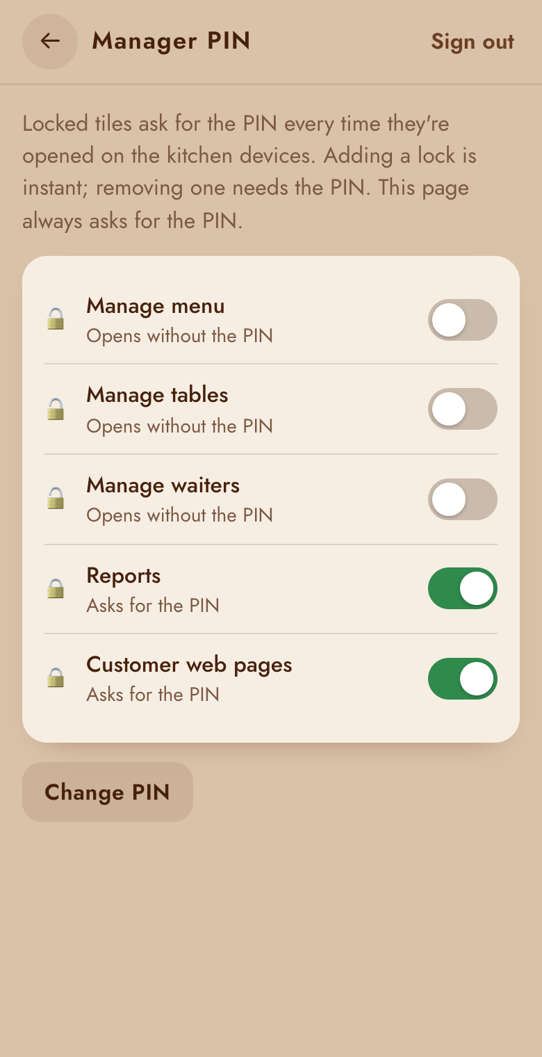 Manager PIN: locks and Change PIN