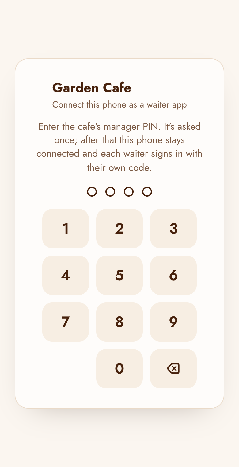 The web waiter app asking for the manager PIN