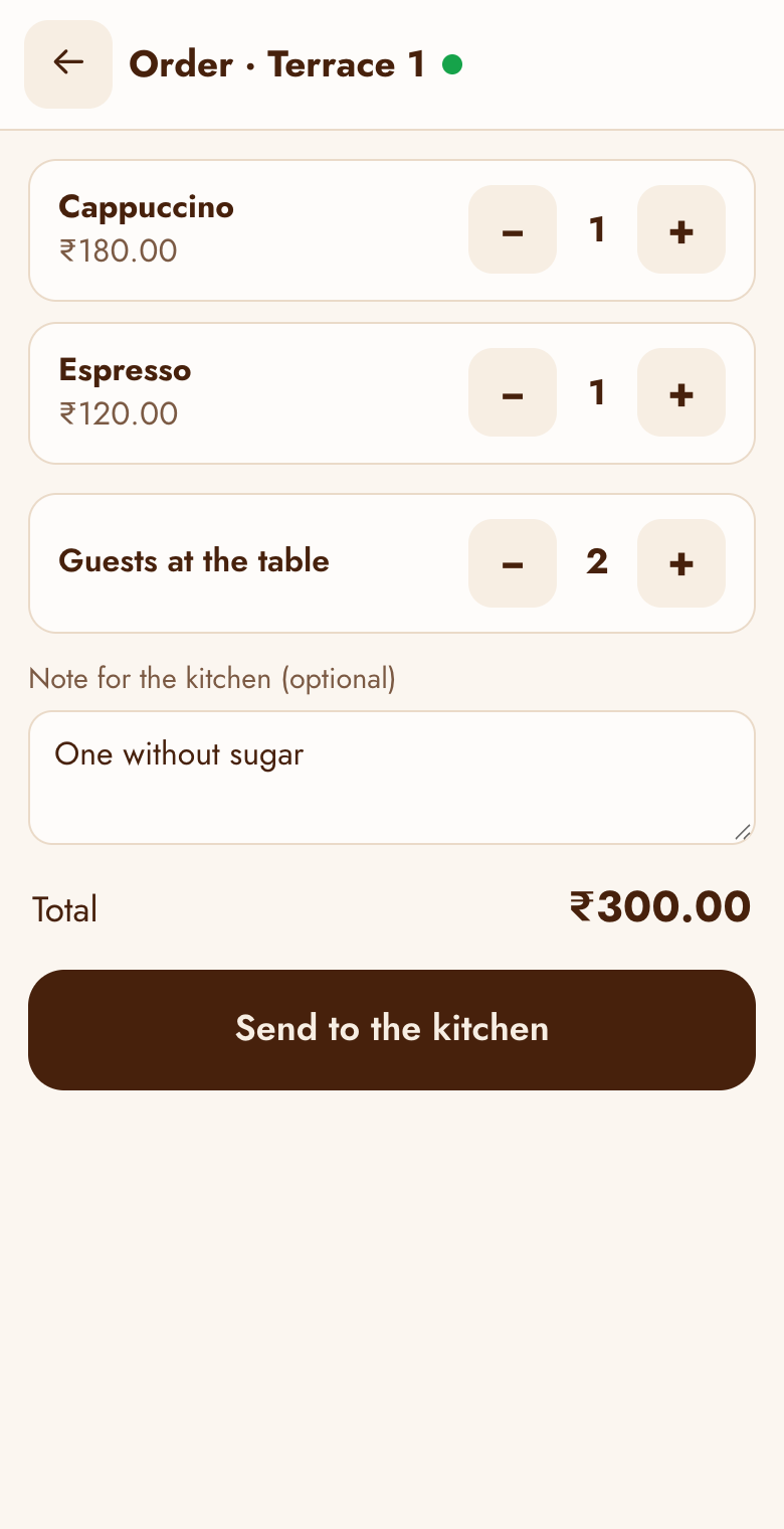 The order before sending: amounts, guests and a note